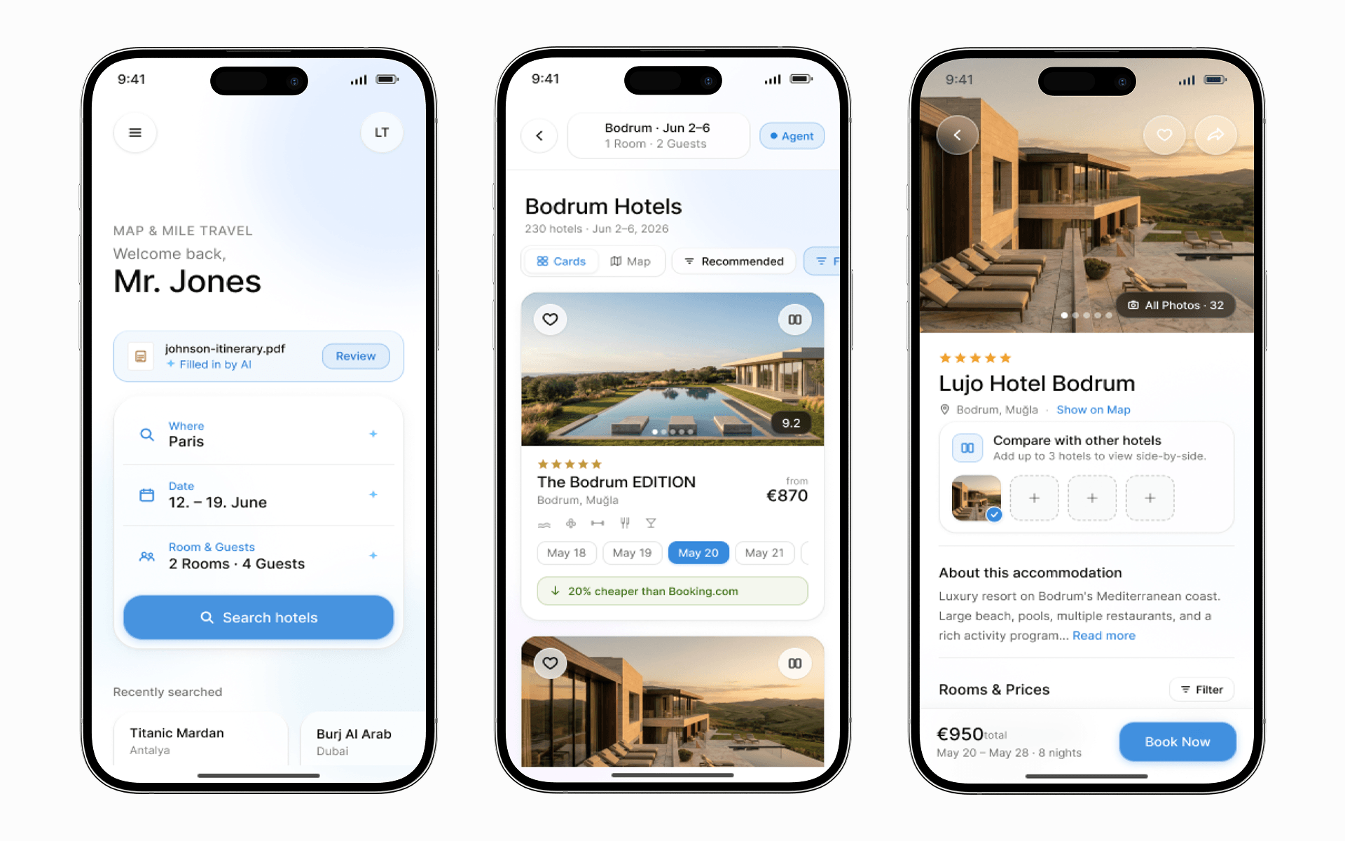 The ahotels interface shown across iPhone mockups