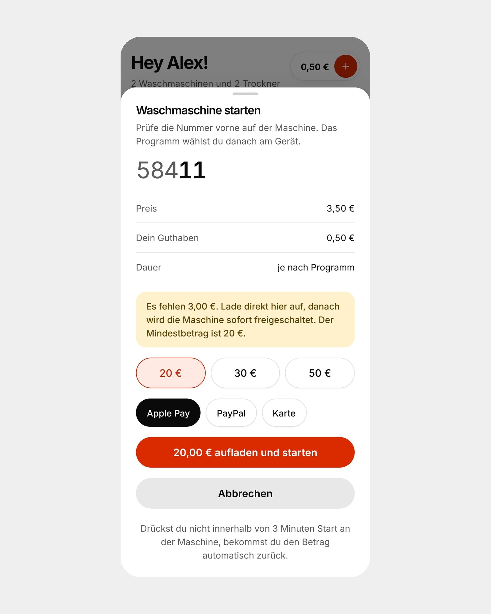 appWash redesign: Start sheet with top-up and start in one step