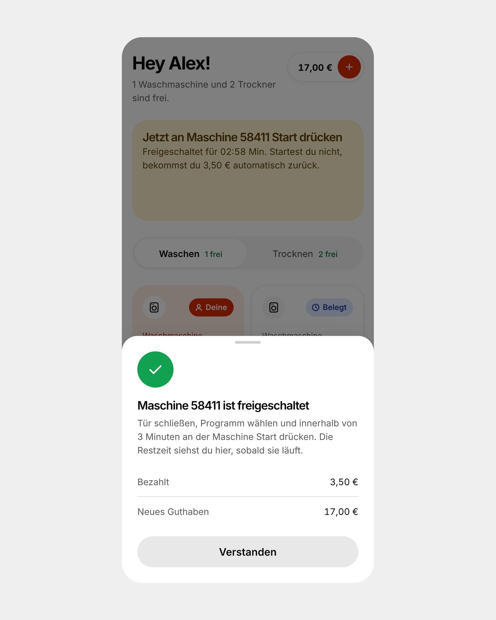 appWash redesign: Machine unlocked confirmation