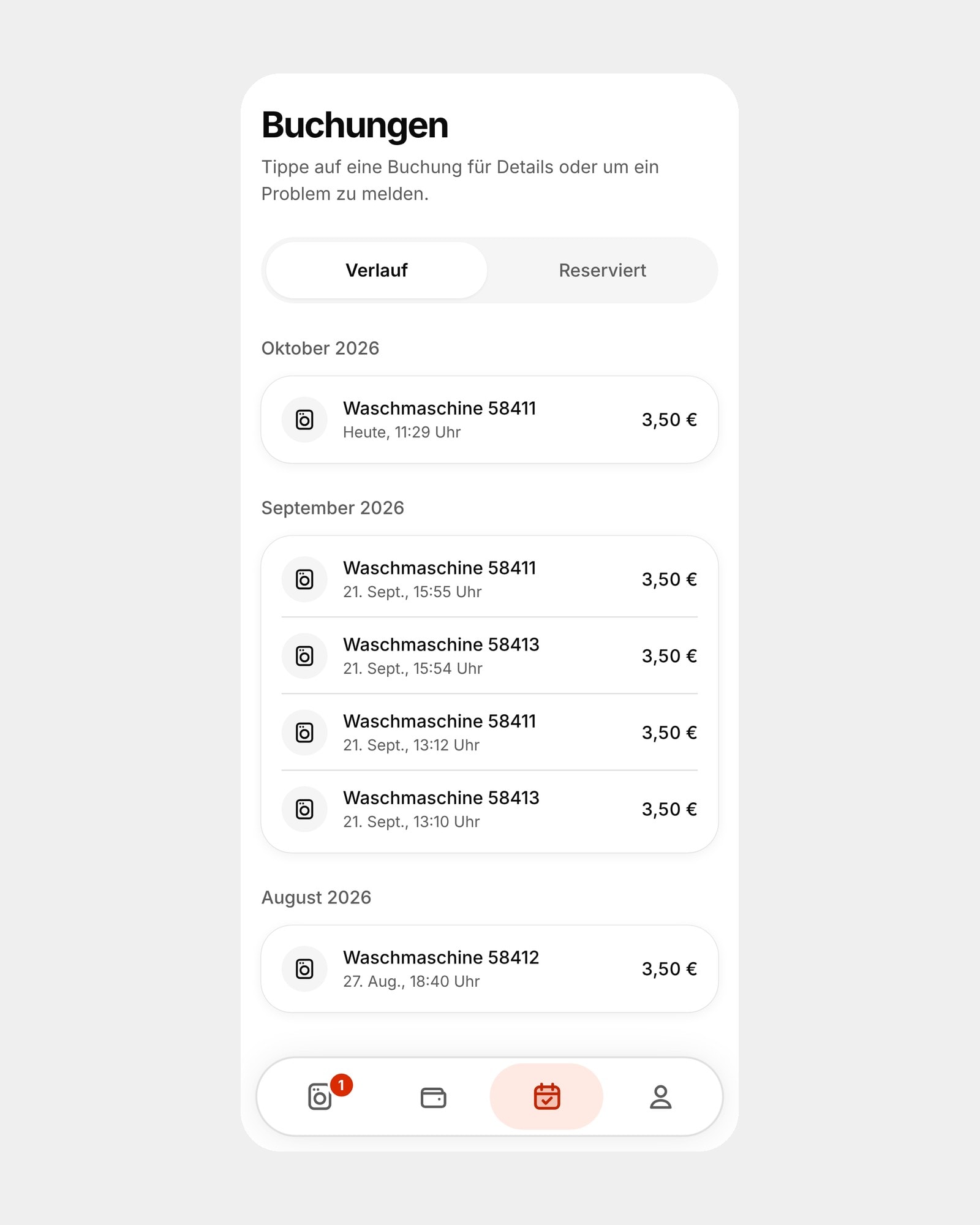 appWash redesign: Booking history