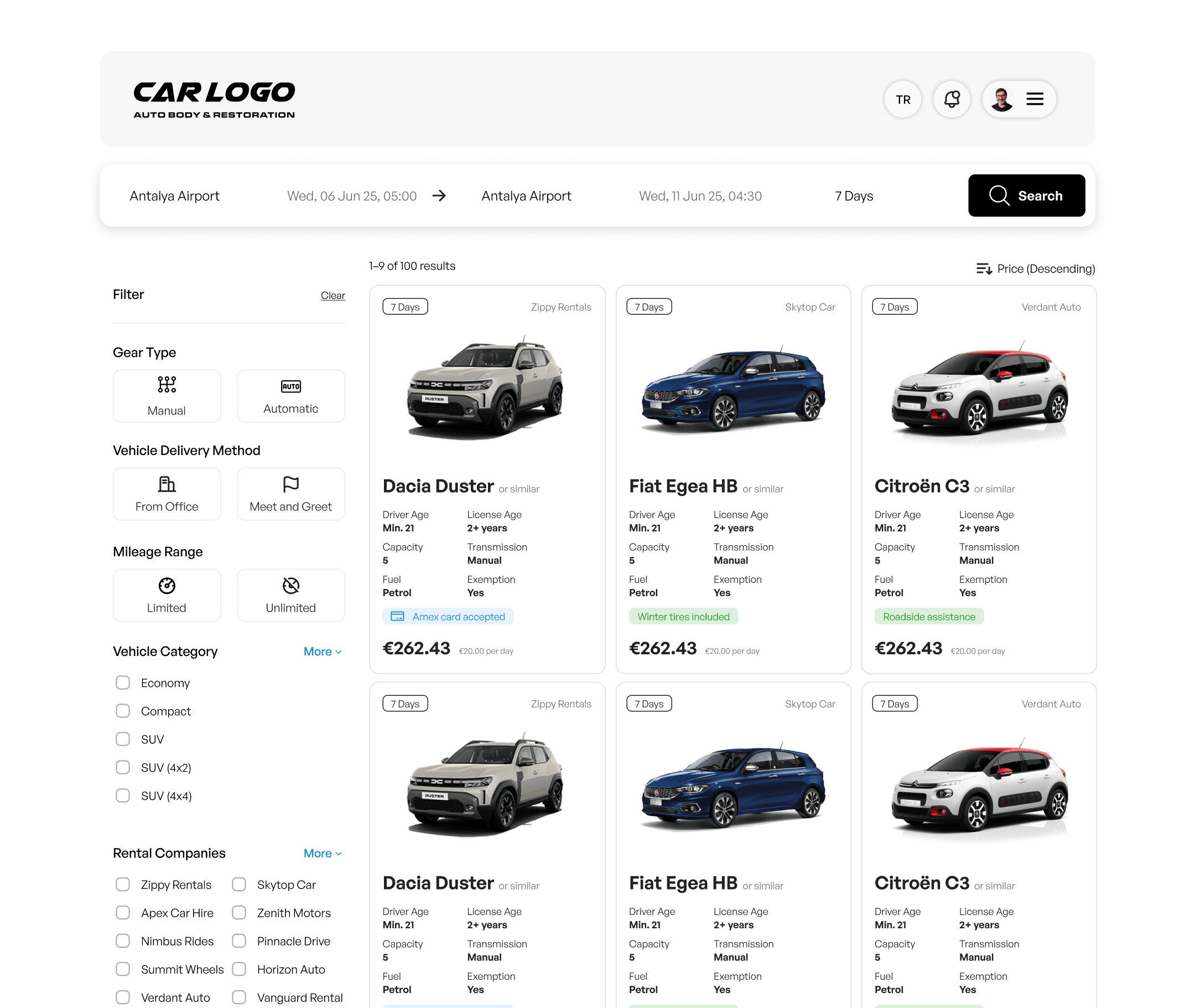 rentalCar on desktop